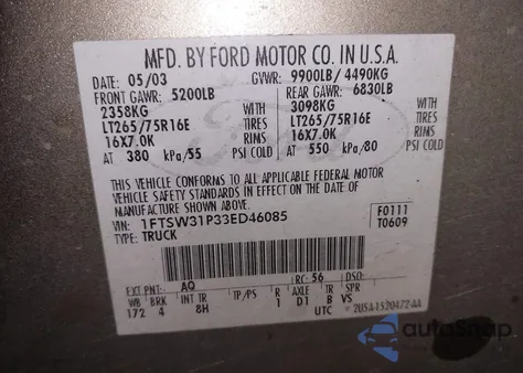 2003 Ford F-350 Lariat/Xl/Xlt из США, поврежденный, VIN 1FTSW31P33ED46085